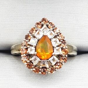 Genuine Pear Opal Citrine Topaz Yellow Gold 925 Sterling Silver Double Halo Ring